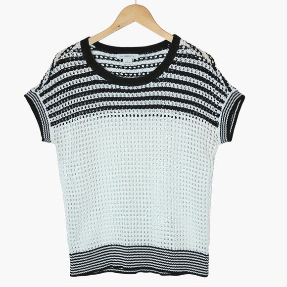 Liz Claiborne Vintage Sweater Short Sleeve Open Knit Stripe Blue White Summer L - Picture 1 of 9